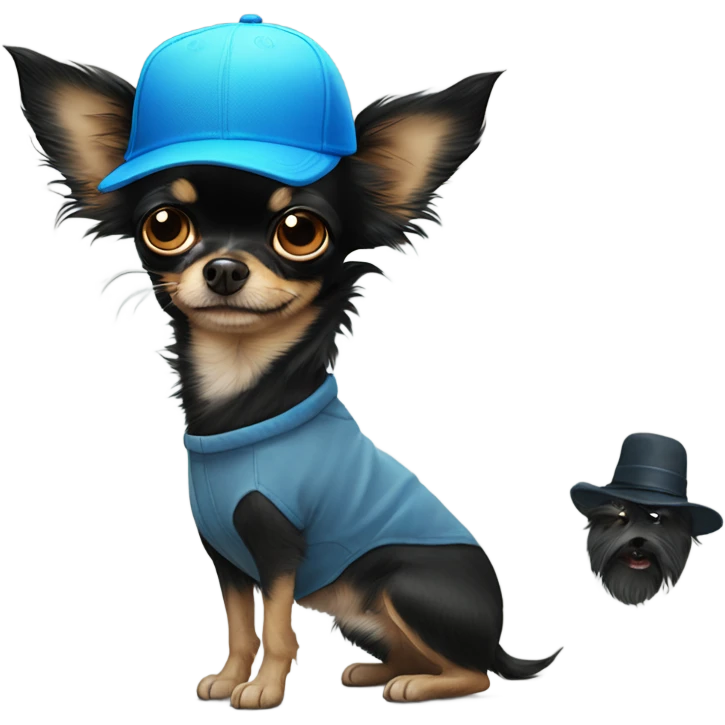 all black long haired Chihuahua held by old man with blue eyes goatee in ball cap emoji