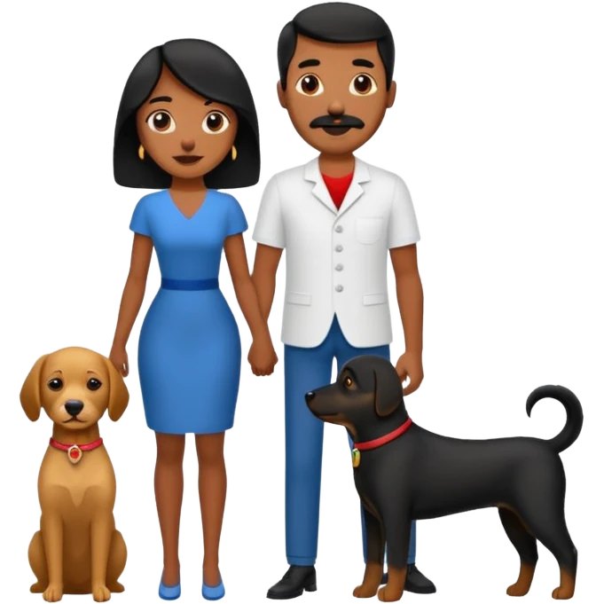 Pareja de novios, pelo negro ambos, y con dos perritos pincher en brazos, el hombre sin bigote y la mujer con pelo largo emoji