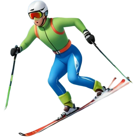 An icon featuring snowy peaks, pine trees, and a picturesque mountain landscape with a skier racing down a snow-covered slope. The sky is blue with soft clouds, capturing the thrill and beauty of alpine skiing. Transparent background highlights the excitement and serenity of winter sports. emoji