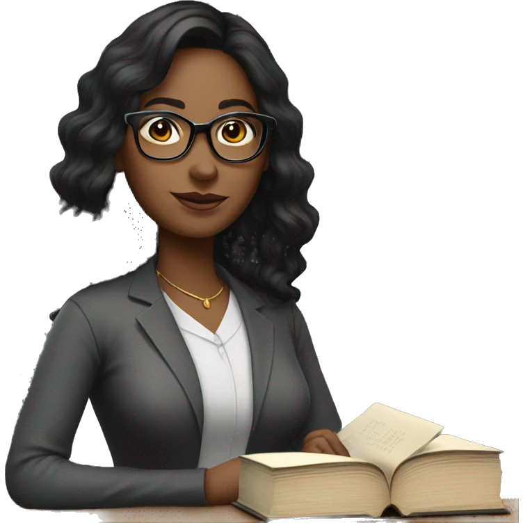 Woman teacher black long hair black glasses with book emoji
