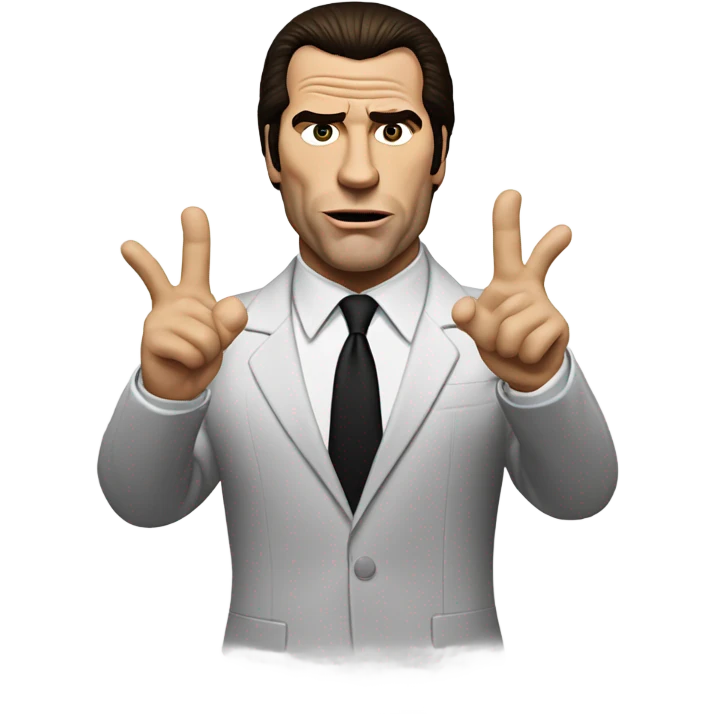 Generate an emoji-style version of the Confused Travolta meme featuring a simplified, cartoon-like representation of John Travolta's character from Pulp Fiction. The figure should have a puzzled expression, with slightly raised eyebrows and an open hand gesture. The background should be minimalistic, with soft shading to enhance the 3D effect, and the character should wear a black suit with a white shirt.  emoji