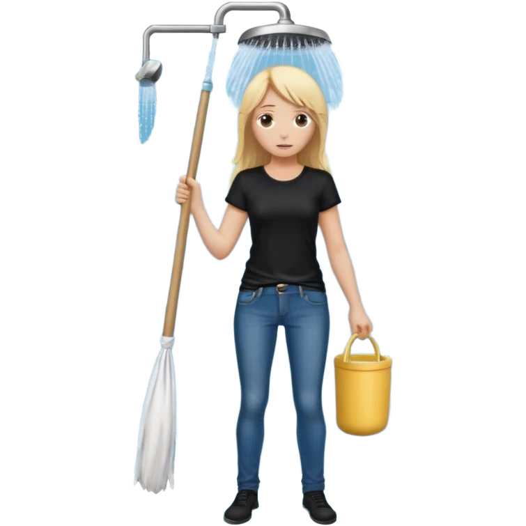 Bdsm male dominant wearing jeans black T-shirt and holding a flogger watching from outside blonde long hair sub with a collar showering with suds all over her emoji