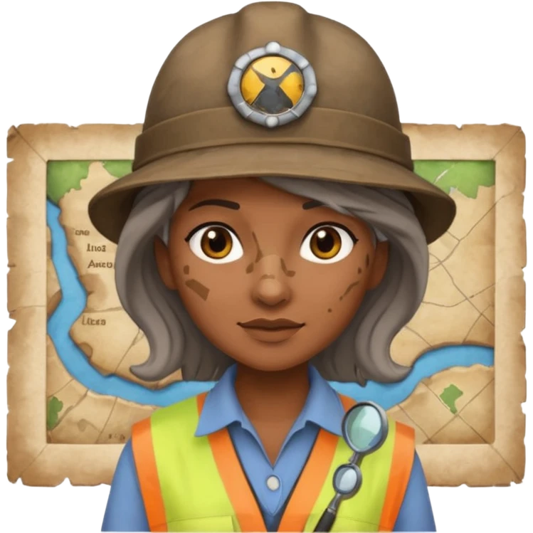 Make the female archaeologist look older with visible signs of age such as wrinkles and gray streaks in her hair. Keep her brown skin, archaeologist hat, and the small map beside her. Maintain the same emoji style with a transparent background. emoji