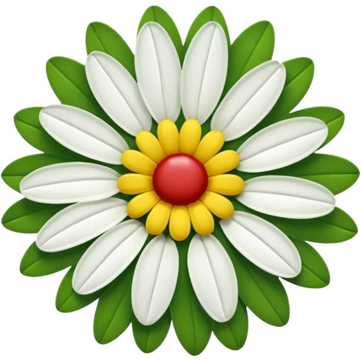 A fifteen-petalled daisy with green, red and white petals and a yellow centre.
Only the face of the daisy should be visible. emoji