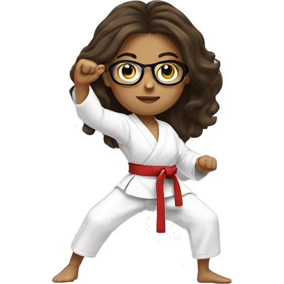 Girl doing karate stance with glasses, gold earring and long wavy brunette hair  emoji