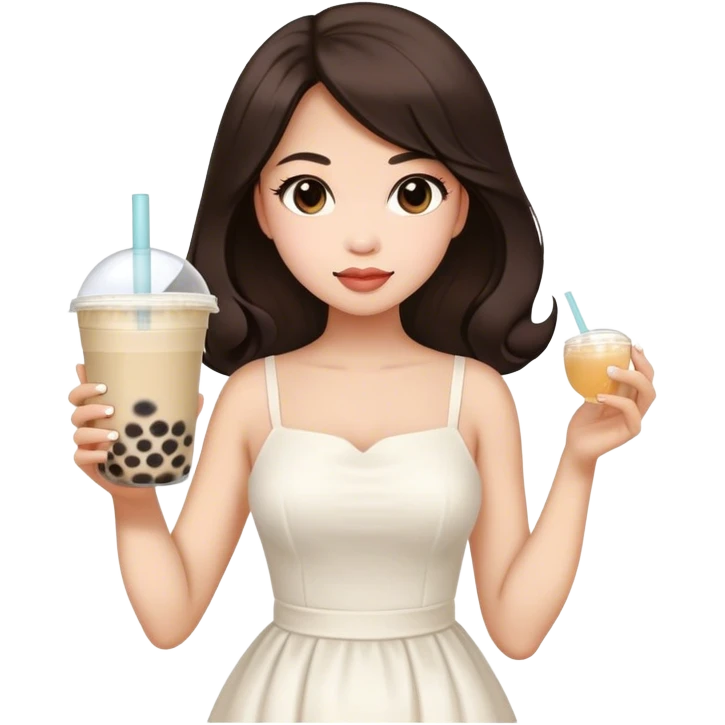 Beautiful woman in 1965’s woman fashion look, white dress, long dark brown hair, bubble tea emoji