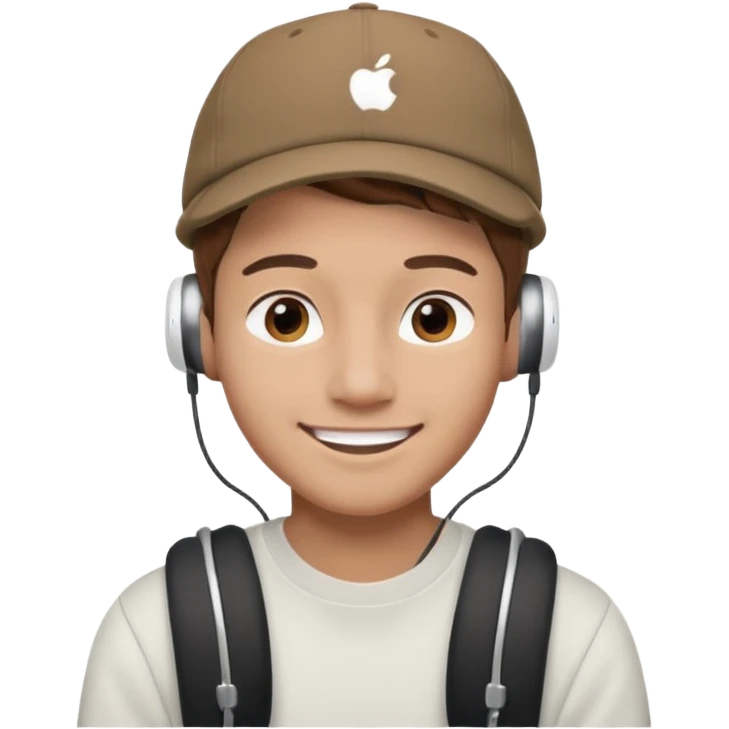 Only the head of a young guy with brown hair smiling with airpods in his ears and a cap on his head turned back. emoji