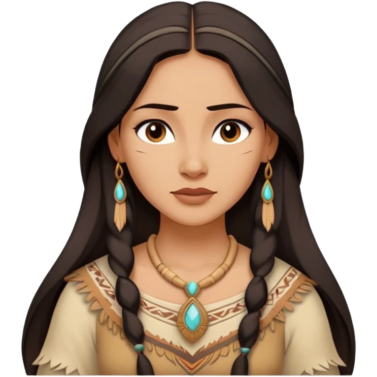 Cinematic Timeless Pocahontas Portrait Emoji, rendered in a realistic, vector style. Depict Pocahontas with warm, glowing skin, naturally flowing dark hair, and a serene, gentle expression, wearing traditional garments in muted earth tones. The design features bold, clean proportions, a soft, inviting glow, and a subtle glowing outline that captures her enduring natural beauty. emoji