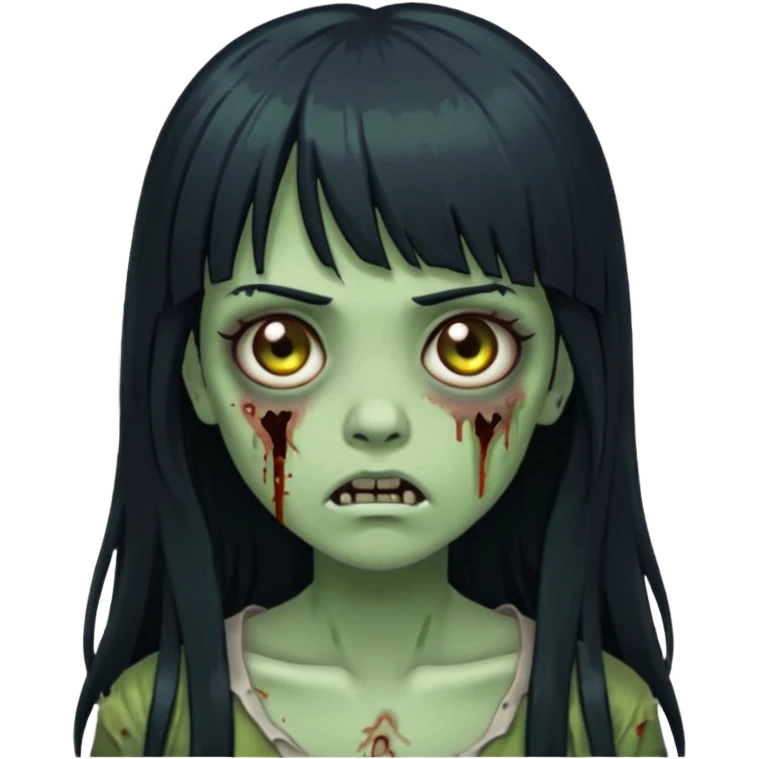 zombie girl with long black hair, bangs, and greenish skin emoji