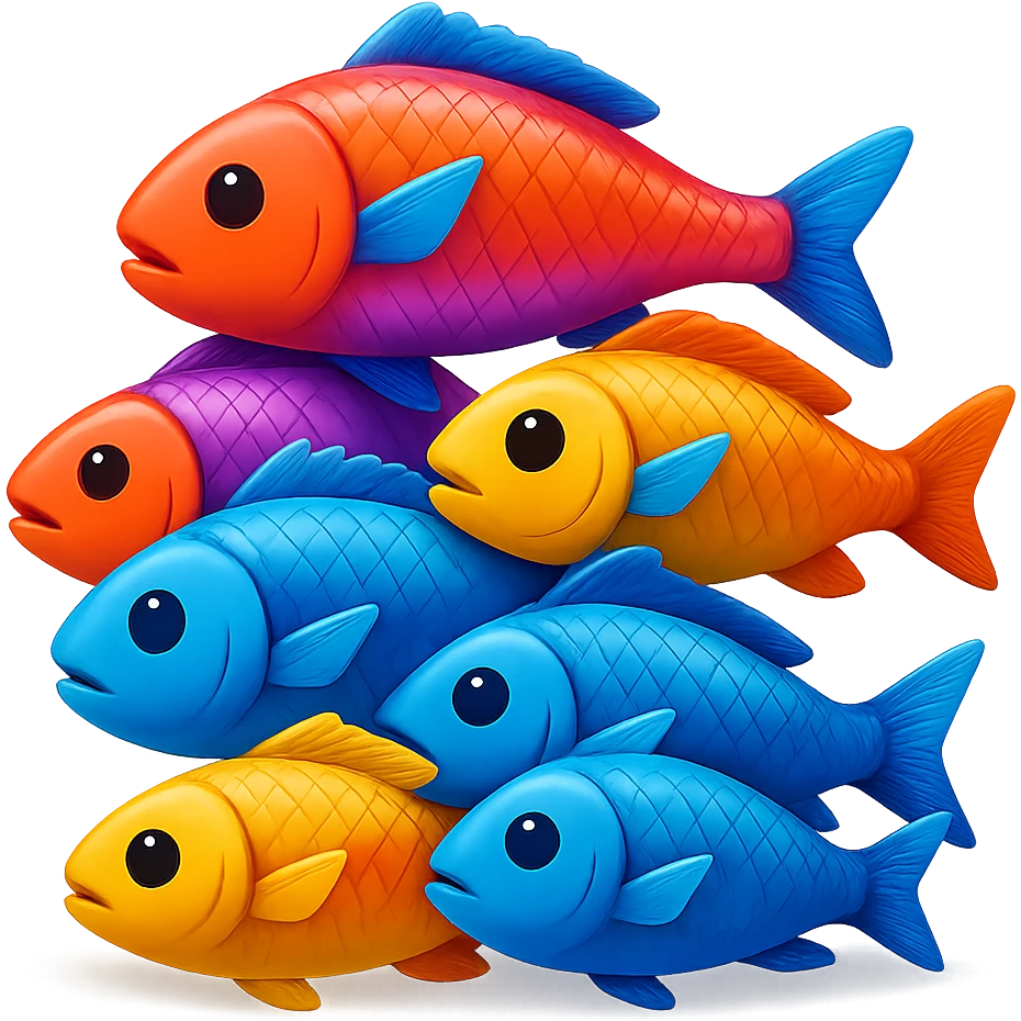 A pile of fish arranged in a pyramid formation with a shadow underneath, in the style of apple emojis, with no background, crisp emoji style with subtle shadow. emoji