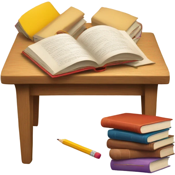 Wooden table with books and pencils on top emoji