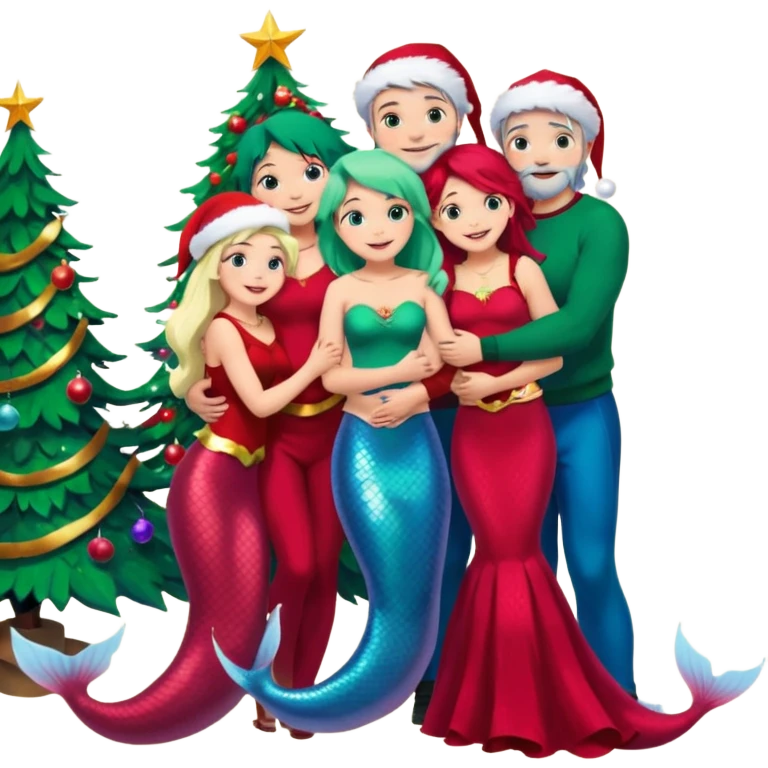 Generate Christmas-style emojis  family. Where light-skinned people stand near the tree all together, hugging and smiling.  girl should be Light-haired woman, mermaid woman, black-haired woman, and 1 man . Add 4 people: Mother, Sister, Sister, Brother  emoji