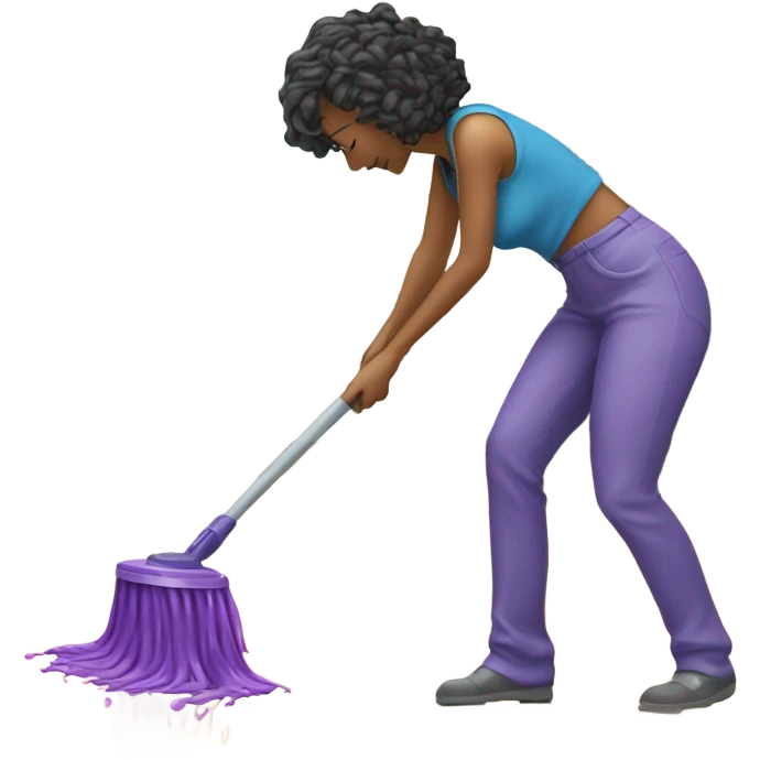 Woman cleaning kitchen with mop and purple cleaning liquid emoji