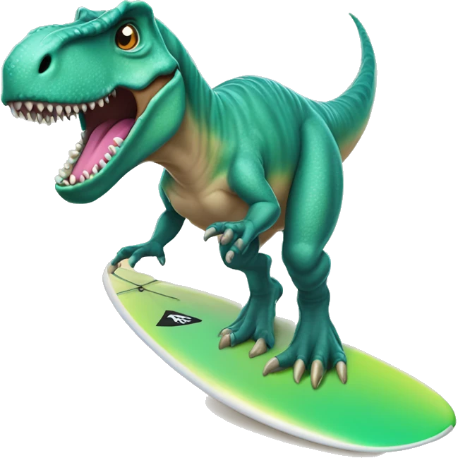 T-Rex com um tutu em uma prancha de surfe emoji