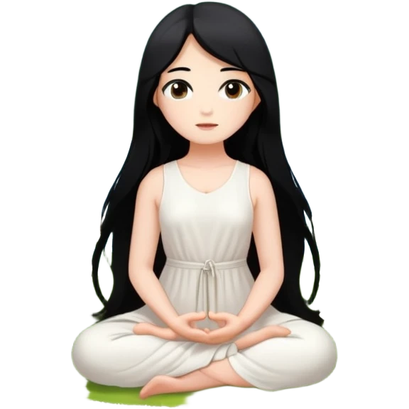 crea un chica blanca con cabello negro largo bonita de ojos marrones vestida de blanco conectando con la naturaleza rodeada de flores meditando  emoji