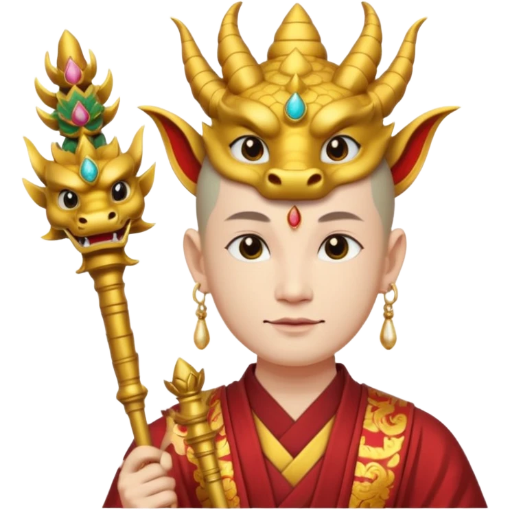 man with asian dragon head, scepter, buddhism, lotus emoji
