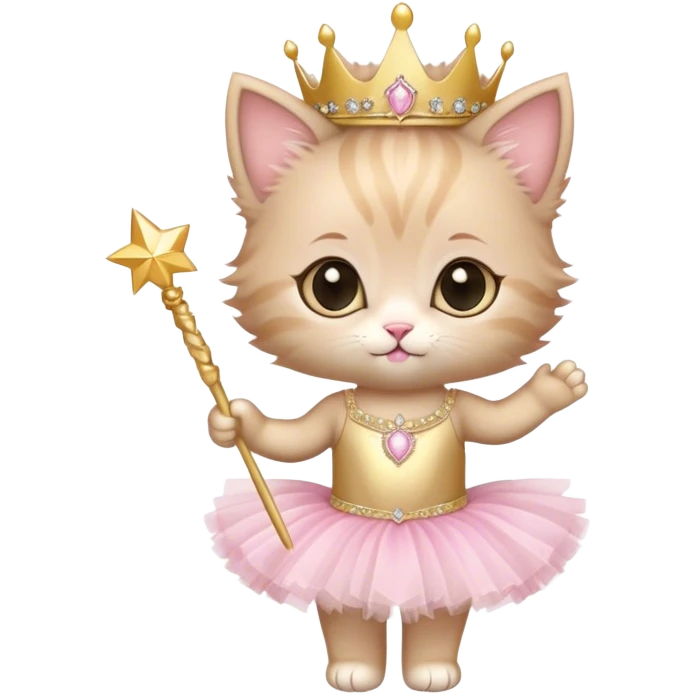 a cute little fuzzy kitten in a light pink tutu and gold tiara and sparkly wand emoji