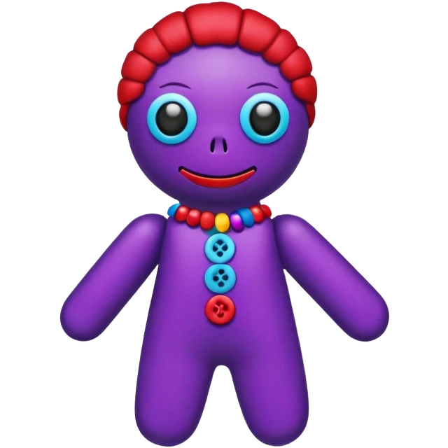 A colorful voodoo doll with bright fabrics in purple, red, and blue, with decorative buttons and pins sticking out emoji