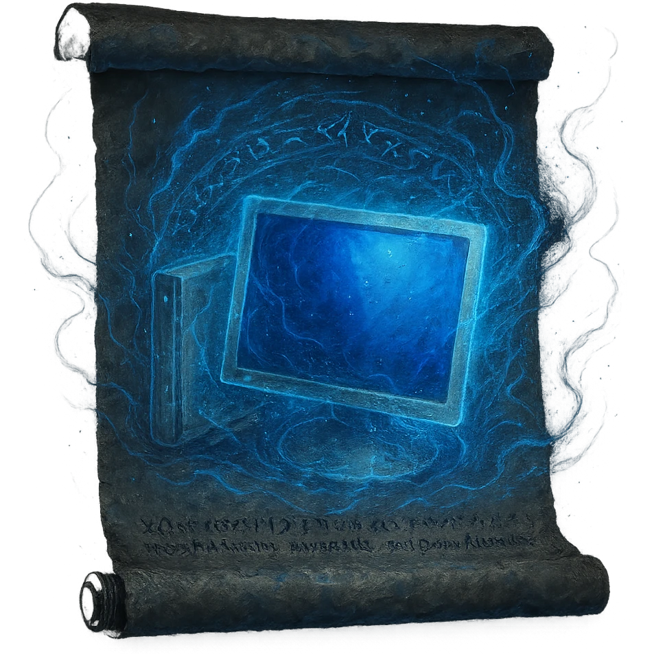 Create a variation of the Windows 'My Computer' icon as a glintstone sorcery, illustrated on a blank sorcery scroll. Use a subtle, mystical blue glow, magical runes, and glintstone energy, blending the computer into the scroll as if it were a spell. The style should evoke a mystical, ancient magical aura with transparent background, 1080 x 1080 resolution. emoji