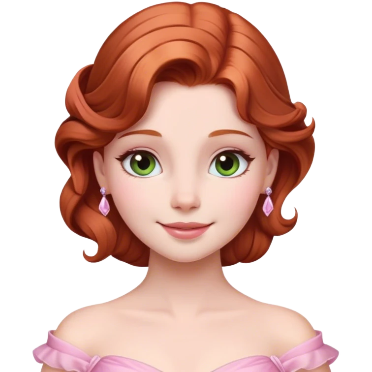 Cinematic Radiant Sleeping Beauty Portrait Emoji, rendered in a realistic, vector style with clean proportions. Show Aurora with a gentle smile, porcelain skin, and beautifully styled auburn hair, wearing her classic pink gown. The image glows with a soft, inviting radiance and high shine, accentuated by a soft glowing outline that enhances her graceful charm. emoji
