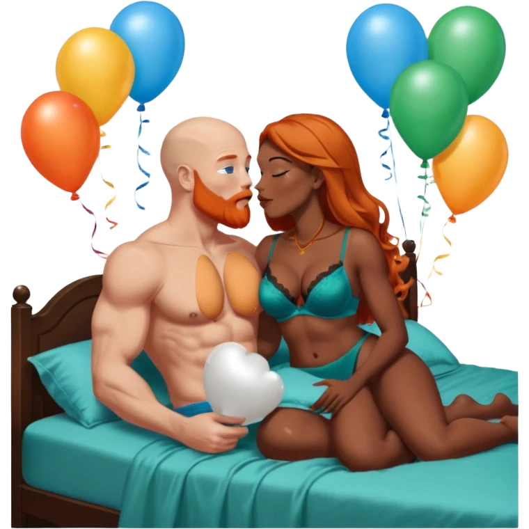 Muscular Bald white male who has a orange beard & blue eyes, kissing curvy African American dark brown woman who has long brown black hair wearing dark green lingerie Laying in bed with chocolate birthday cake and balloons  emoji