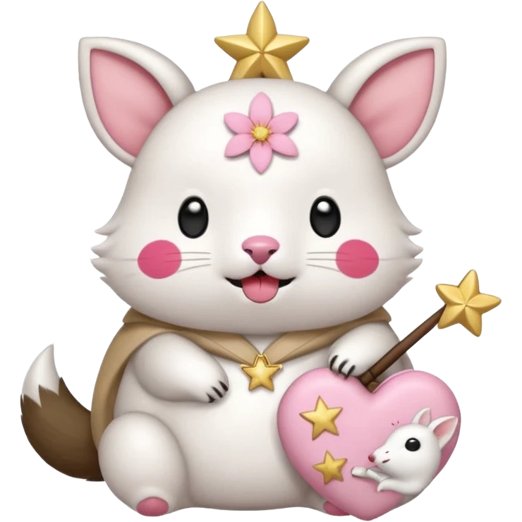 GENERATE ME A MOMONGA WHITE ANIMAL  FROM CHIIKAWA AND PUT A SAKURA FLOWER ON HIS HEAD AND A STAR PELT ON HIS BELLY AND A HEART PURSE ON HIS ARM WITH HIS FACE MAKE HIS TOUNGE STICK OUT WITH A LITTLEPINCH OFDROOL AND MAKE HIM ANIME  emoji