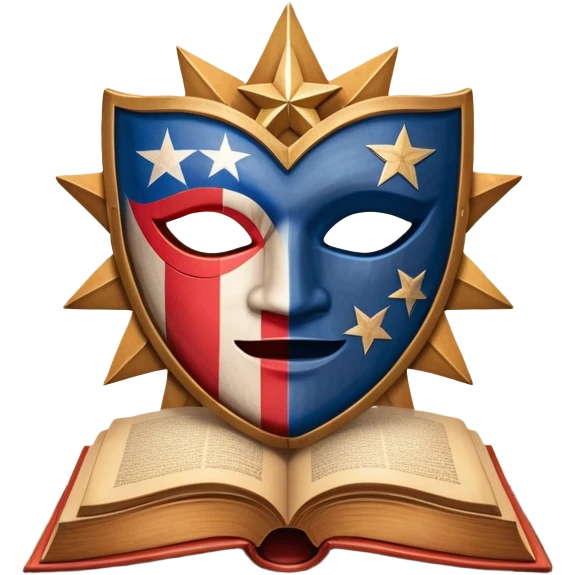 Ancient leatherbound book with prominent Puerto Rican flag star in center of cover, wooden theater masks and curtains framing the edges, warm amber glow emanating from pages, vintage textured parchment emoji