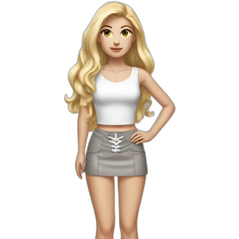 hyperrealistic caucasian female, long straight blonde hair, white lace up crop top, grey tight mini skirt emoji