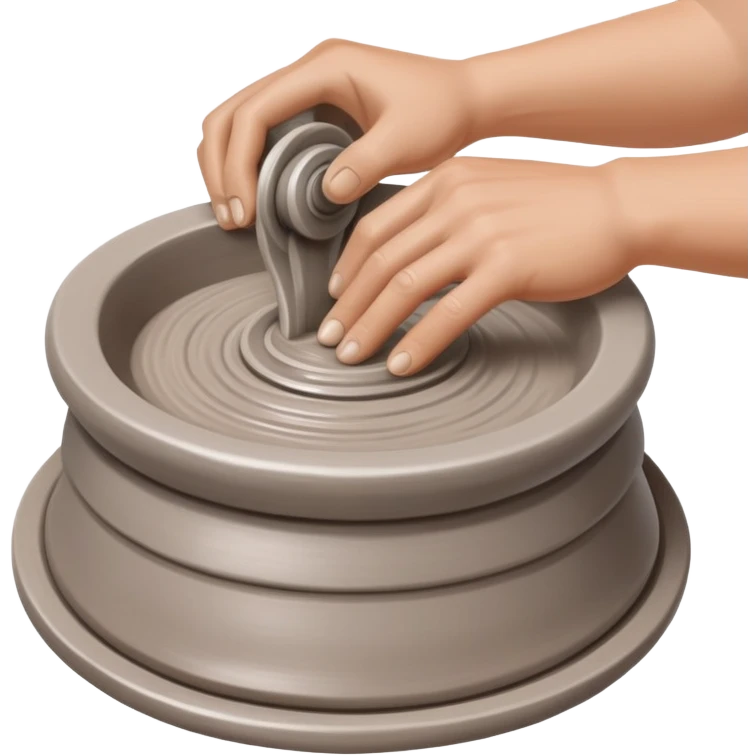hands pressing clay sidewalls down onto a silver pottery wheel with fingers and thumbs to attach it emoji