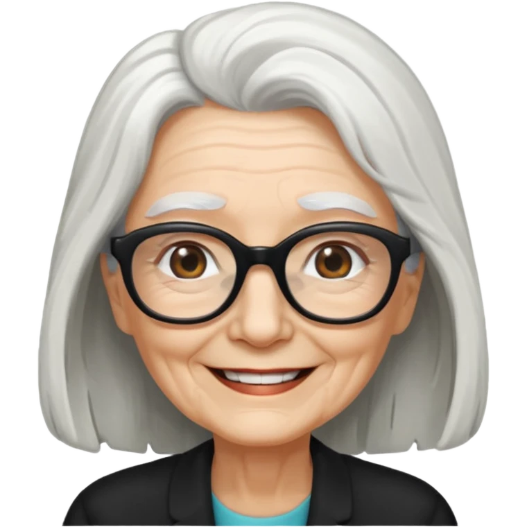 femme ridée avec de long cheveux blanc et des lunettes rectangles noir sourrir emoji
