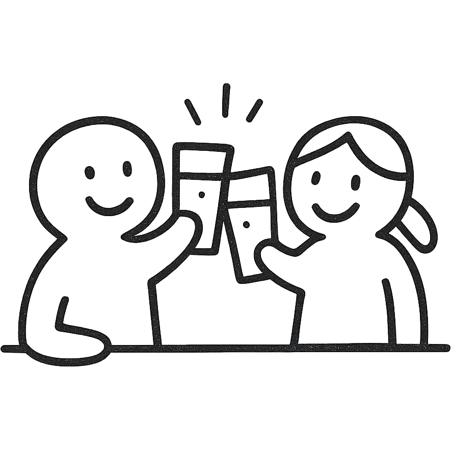 cute line drawing for coloring: two friends clinking juice glasses in a bar, simple line style, no fill, for children to color emoji