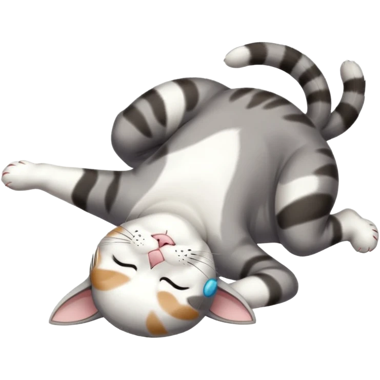 grey and white small cat eyes closed lying down upside down with paws stretched out straight in different directions emoji