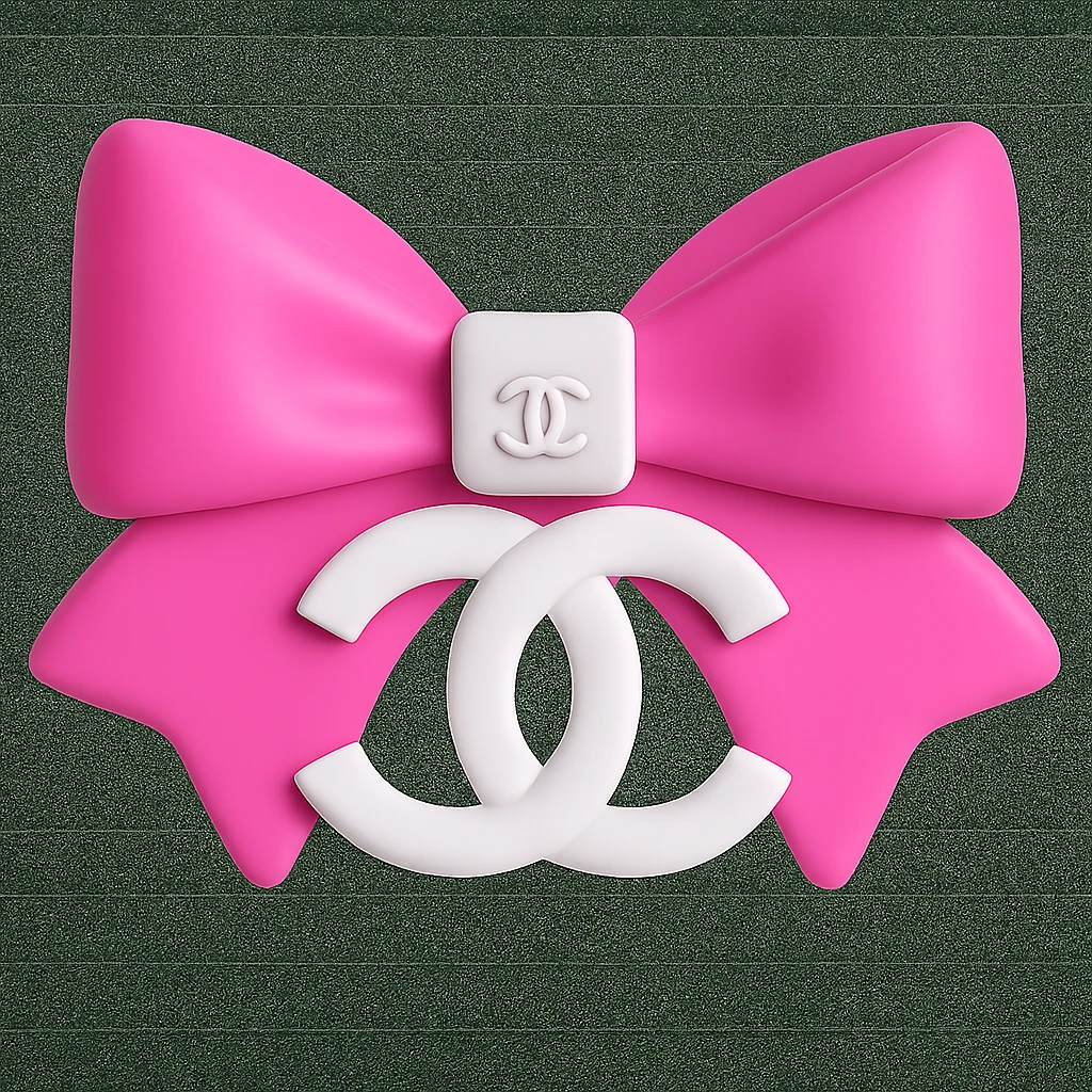 Make the Chanel logo small and white on the pink and white bow, keep it luxurious, glossy, 3D emoji style, with no background. The style should resemble a 3D emoji with a luxurious and glossy finish. emoji