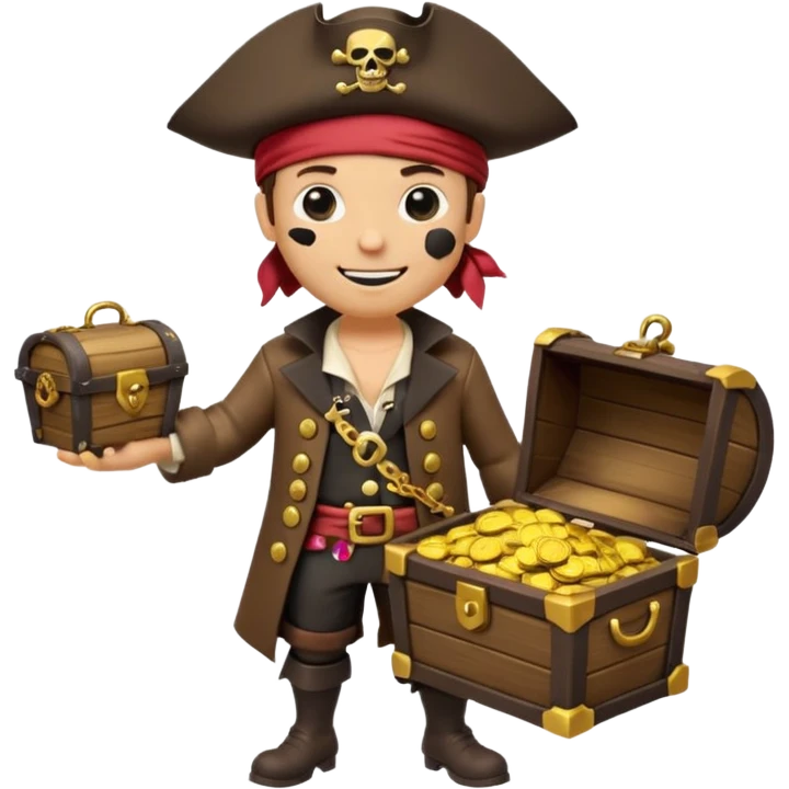 A 3D cartoon pirate character with one eye covered by a black eye patch, holding a treasure chest filled with gold coins and jewels, standing on sandy ground, wearing a pirate hat and coat, warm sunset lighting, realistic Memoji-style rendering. emoji