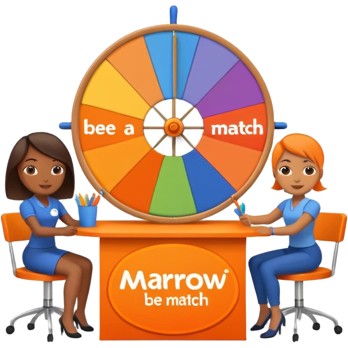 pple-style emoji of a recruitment booth. Two cartoon figures stand behind an orange table with 'MARROW, be a match' branding, a colorful spinning wheel, and a branded vertical banner. Simplified and cute emoji