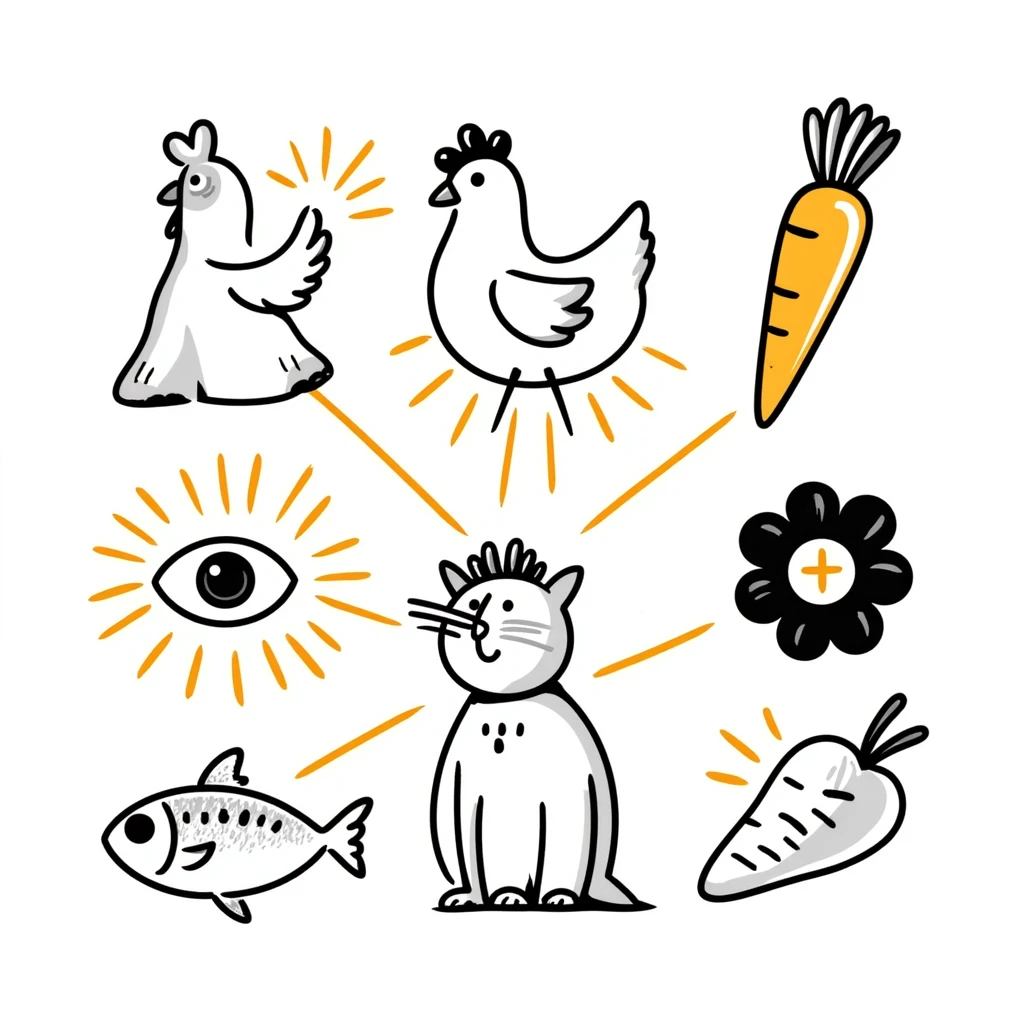 Ethereal magical image of glowing chicken, luminous fish, and radiant carrots with golden beams connecting them to a healthy eye, glowing skin and a shimmering immune shield emoji