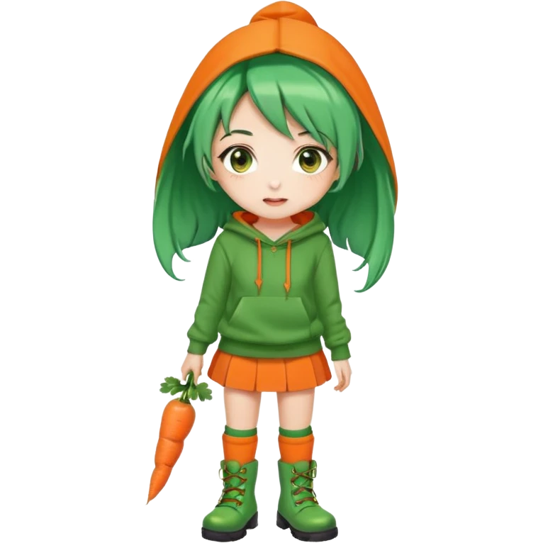 cute green-haired girl with orange eyes, wearing an orange hoodie, green skirt, orange knee socks, and green boots, with a small carrot accessory on her head, big expressive eyes, simple emoji face, round head, clean vector style emoji