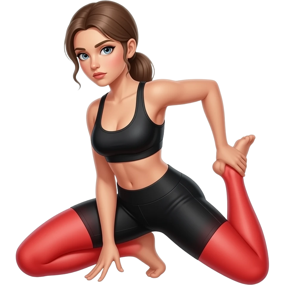 all leg pain, red glow on all thighs and all legs, woman holding one leg, fair-skinned woman, gray-blue eyes, ash brown brows, ash light brown hair tied back, slim athletic body, black workout set emoji