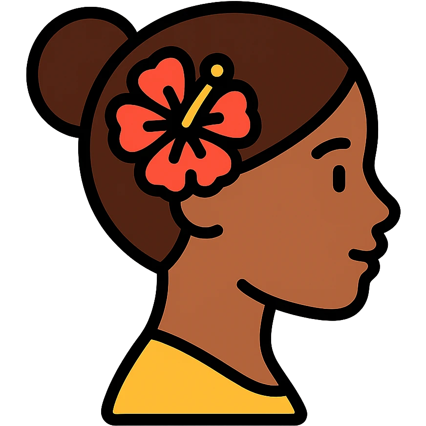 black girl side profile, brown hair in a bun, Hawaiian flower in hair emoji