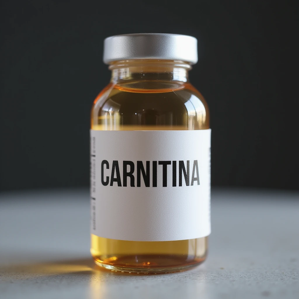hyperrealistic 4K medicinal vial with a clearly visible label showing the word 'CARNITINA' in large block letters emoji