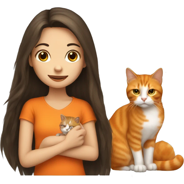 long haired brunette girl holding orange cat emoji