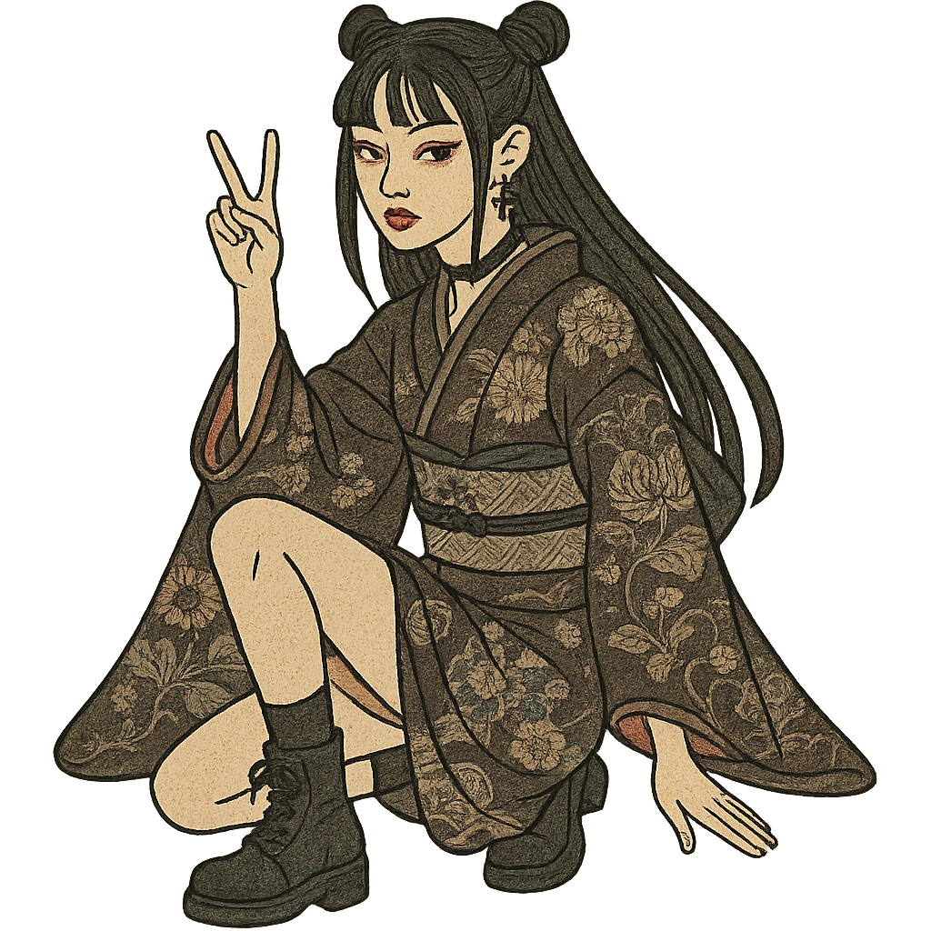 K-pop inspired gothic girl, ukiyo-e style, traditional Japanese print, gothic kimono, K-pop idol pose emoji