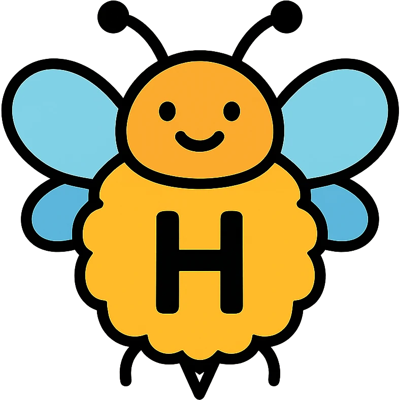 cartoonish bumblebee with the letter H, fluffy and round, colorful lineal icon with black outlines emoji