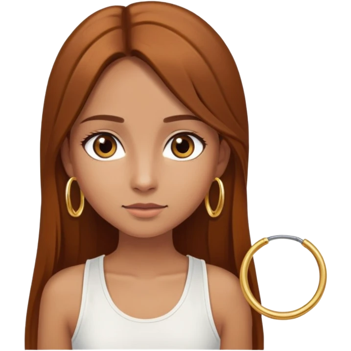 Tan-skinned girl, long straight chestnut hair center-part, big brown eyes, gold hoops, white tank emoji
