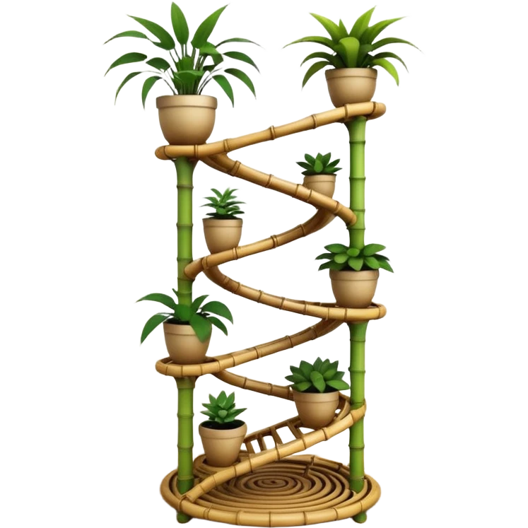 Large alien-futuristic multi-tier multi-level curved spiral step plant rack constructed from 7/8ths of an inch thin bamboo poles  emoji