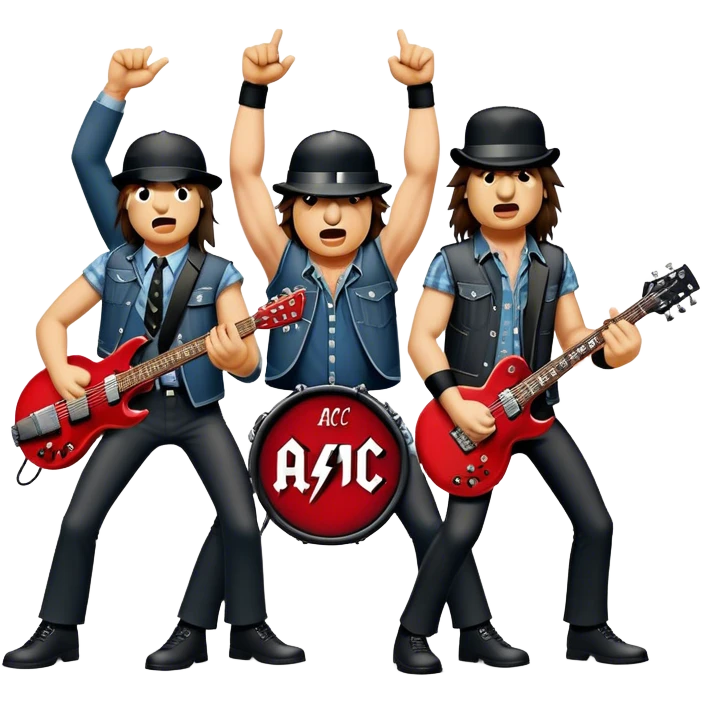 Cinematic Realistic AC/DC Band Emoji, depicted as a high-energy rock ensemble with electrifying stage presence and gritty textures, rendered with bold vibrant lighting that captures the raw power and rebellious spirit of their music. emoji