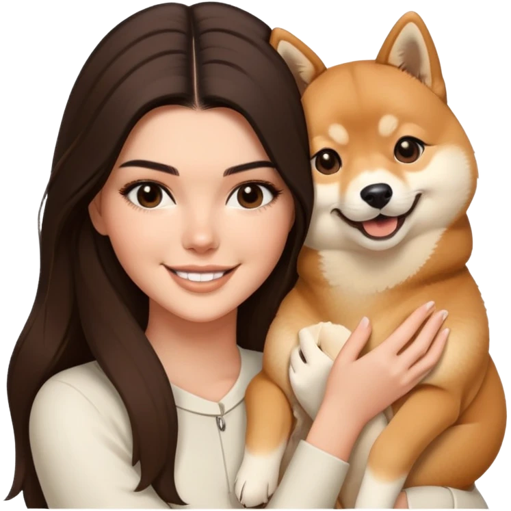 brunette Kendall Jenner with long hair holding on the hands a smile Shiba Inu emoji