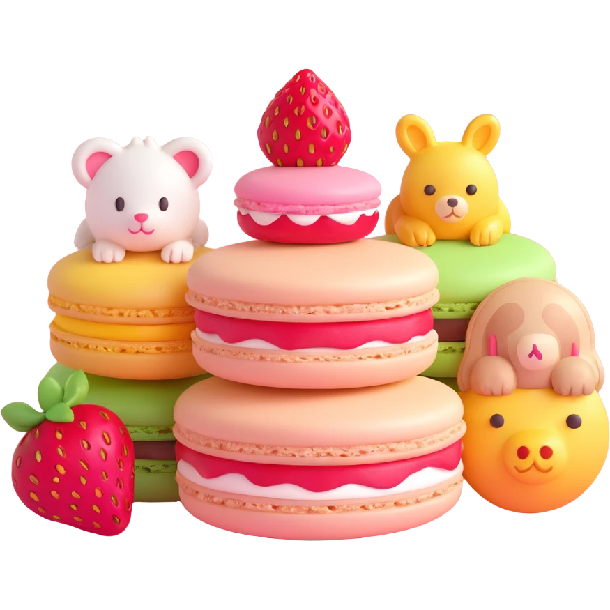 A 3D iOS style emoji of a pink macaron with a strawberry on top and three cute animals peeking out from between the layers. The macaron should have a glossy finish and soft shadows, with a light beige background and small yellow stars scattered around. emoji