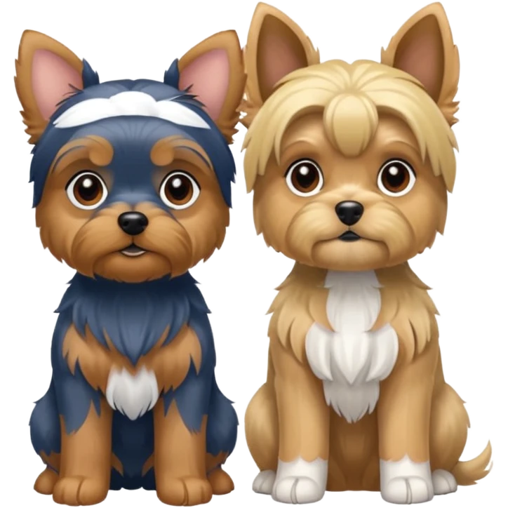 Generate a blue and tan purebred yorkie with a blonde shi tzu yorkie mix with floppy ears sitting next to each other. Make them the same soze emoji