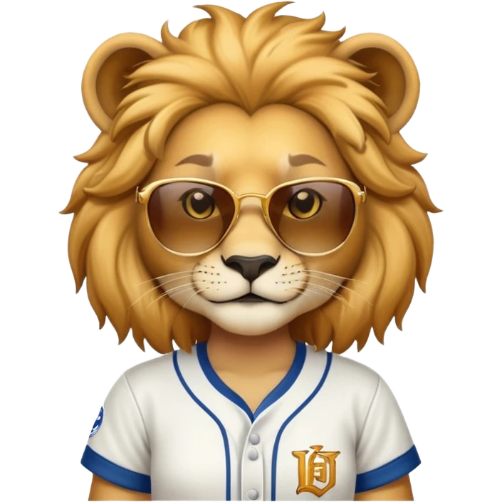 head and shoulders close-crop of a confident female lion wearing a baseball shirt and dark sunglasses emoji
